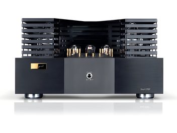 Amplificator de putere Cayin Soul 170P negru din metal periat, vedere frontală, lămpi sub grile, buton Power central
