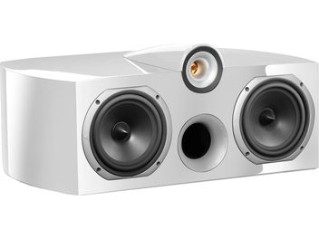 Altavoz central Triangle Signature Gamma blanco, rectangular con esquinas redondeadas, 3 altavoces con bordes grises, base ampliada
