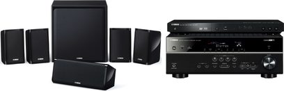Yamaha BD-Pack 498 melnā mājas kinozāles sistēma, kas sastāv no 5 skaļruņiem, 1 zemfrekvenču skaļruņa, 1 pastiprinātāja/tūnera un 1 Blu-ray atskaņotāja