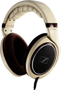 Offener HiFi-Kopfhörer Sennheiser HD-598 beige und braun, von der linken Seite gesehen, runde Ohrmuscheln, gepolsterter Kopfbügel