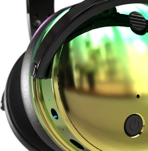 Trådløse hifi-hovedtelefoner Audeze Maxwell Xbox Wasabi, nærbillede, venstre ørekop, grøn finish, synlig cirkulær knap