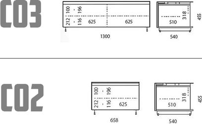Lavt og langt TV-møbel i lyst træ med to åbne rum og en skuffe, dimensioner i millimeter vist på diagrammet