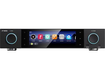 FiiO S15 nettverksspiller i svart aluminium, frontvisning med sentralt fargedisplay, to store hjul med blå LED-ringer på hver side og USB-porter på fronten