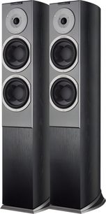 AudioVector R3 Signature højtalere, søjlemodel i sortbejdset askefiner, to højttalere, fire membraner, mørkt træhøjttaler-kabinet, set forfra
