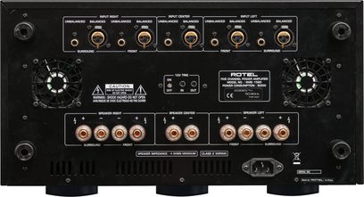 Rotel RMB-1585MKII flerkanals effektforsterker sølv, bakside, lydkontakter, vifter, høyttalerterminaler