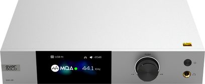 Convertisseur audio DAC EverSolo DAC-Z6 argenté, vue de face, affichage bleu "MQA 44.1 kHz", bouton rotatif noir à droite