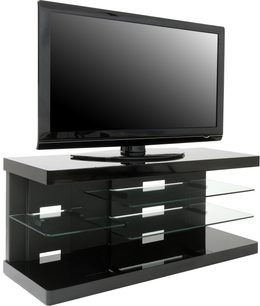 Sort TV-møbel med fladskærm, 6 glashylder og 6 sorte skuffer, set forfra