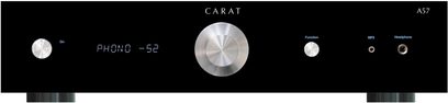 Frontvisning af Carat A57 stereo hi-fi forstærker med digitalt display, drejeknapper og knapper