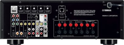 Yamaha RX-V575 black home theater amplifier, front view, front panel connections and controls, central display