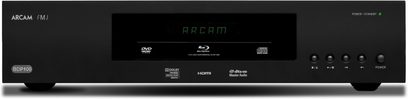 Arcam FMJ BDP100 4K Blu-ray-afspiller set forfra i sort, blåt display, børstet aluminiumsfront