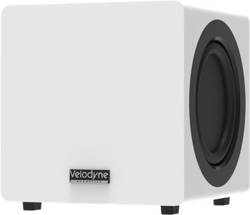 Velodyne MiniVee X witte subwoofer, driekwartaanzicht met zwarte zijluidspreker