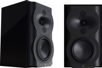 Altavoz de estantería Perlisten R4b negro, vista frontal y en ángulo, caja rectangular, 2 altavoces circulares, 2 rejillas