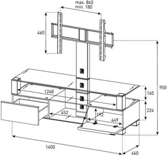 Teknisk diagram med dimensioner af Sonorous MD8143 sort audio-/videomøbel, set forfra og fra siden, i millimeter