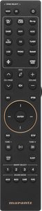 Fekete Marantz távirányító gombokkal és kerékkormányokkal különböző audió- és videófunkciók vezérléséhez, előlről nézve