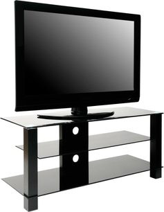 Sort TV-møbel med glas, 3 hylder, 1 fladskærmsbeslag, sort fod, set lidt fra siden forfra