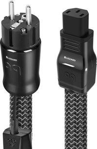 Audioquest Blizzard XTRM IEC13 2m strømkabel med sorte stik og sort/grå flettet kappe