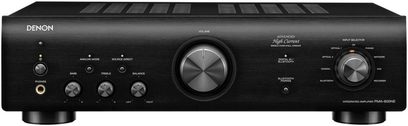 Denon PMA-600NE sort hi-fi stereforstærker, frontvisning, knapper og stik på forsiden, digitalt display i midten