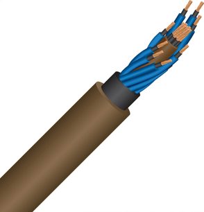 Strømkabel Wireworld Mini Electra 10 Power, cylindrisk brun kappe, blå ledere og eksponeret kobber, set i tværsnit