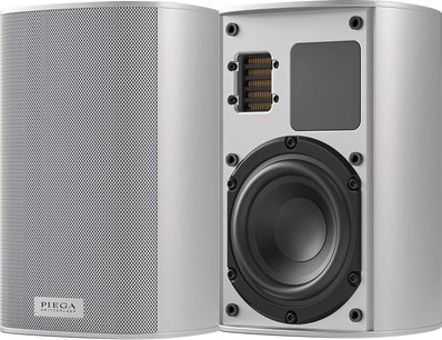 Bezdrátová připojitelná reproduktorová soustava Piega Ace 30 Wireless (TX + RT) stříbrná, pohled zepředu a zezadu, perforovaná mřížka, kruhový reproduktor