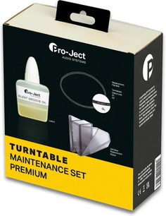 Pro-Ject maintenance kit containing silent oil, an antistatic brush, and a stylus in black and yellow packaging, front view