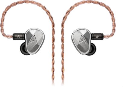 Fones de ouvido intra-auriculares Astell&Kern Clarus cinza com cabo trançado cobre, vistos de frente