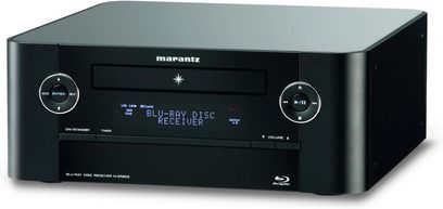 Marantz M-ER803 sort Blu-ray-afspiller, front med blå LCD-skærm, knapper og kontrolknapper, set forfra
