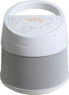 Hvid Soundcast Melody højttaler, set ovenfra, med cirkulær metalrist, kontrolknapper og orange logo i midten
