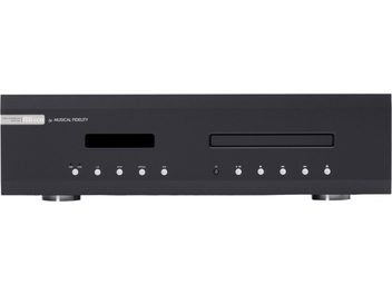 Musical Fidelity M6scd fekete, magas minőségű CD-lejátszó téglalap alakú kijelzővel, CD-behelyező réssel, 10 kör alakú gombbal és 2 kör alakú lábbal