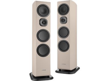 Pair of Canton Vento 91 floorstanding speakers in sand, light beige finish with four black drivers on a black base