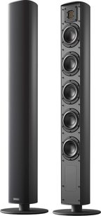 Bezdrátová připojitelná reproduktorová soustava Piega Ace 50 Wireless (TX + RT) černá, pohled zepředu a z boku, 5 kruhových reproduktorů