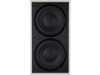 Subwoofer încastrabil Bowers & Wilkins ISW4, negru, două woofere rotunde suprapuse, cadru metalic gri, vedere frontală