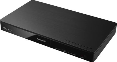 Panasonic DMP-BDT270EF sort 4K Blu-ray-afspiller, kompakt design, frontpanel med logo, diskskuffe, berøringsknapper