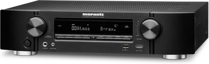 Marantz NR1606 sort hjemmebiografsforstærker, frontpanel, frontvisning, LCD-display, knapper, drejeknapper, USB- og HDMI-porte