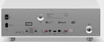 Sonoro Prestige radio in glanzend wit - zilver, achteraanzicht, audio- en netwerkaansluitingen, knoppen en lcd-scherm