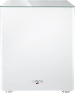 Subwoofer attivo Canton Smart Sub 12 bianco opaco, vista frontale, design cubico con piano in vetro e piedini in metallo