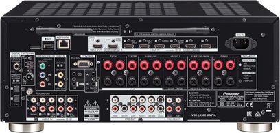 Pioneer VSX-LX503 sort hjemmebiografsforstærker, frontpanel, frontvisning, mange stik og knapper, digitalt display