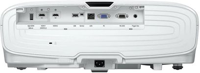 Epson EH-TW9300W hvid videoprojektor set forfra med HDMI-, USB-, VGA-, LAN-stik og kontrolpanel
