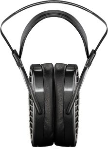 Hifiman Edition X V2 åbent hovedsæt, sort, set forfra. Hovedbøjle og ørepuder i læder. Metalgitre på ørekopperne