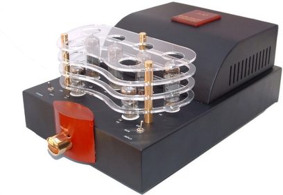 Amplificatore hi-fi a valvole Puresound A10 nero, vista frontale, 6 valvole di vetro allineate sulla parte superiore, manopola e presa rossa sulla parte anteriore