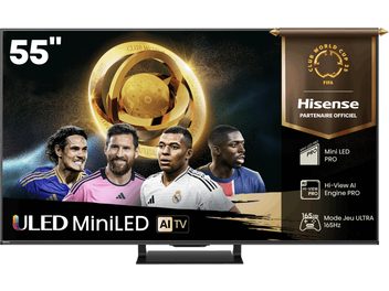 Hisense 55U7Q Pro TV i svart, smal ram, framifrån, centralt metallstativ, skärm som visar spelare och logotyper