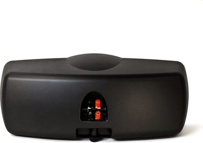 Klipsch Synergy C-20 sort centerkanal, set forfra, oval form, to røde højttalere synlige i en åbning