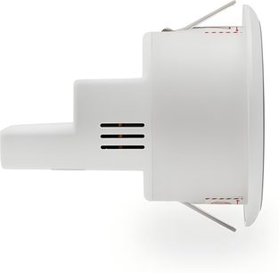 Q Acoustics E300A integrated stereo hi-fi amplifier, matte white plastic, right side view, cylindrical casing extended by a rectangular appendage, featuring three horizontal ventilation slots and two metal mounting brackets