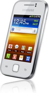 Hvid Samsung Galaxy Y smartphone, set forfra, med tændt skærm der viser app-ikoner på en orange nedtonet baggrund