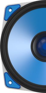 Dark cherry Paradigm Founder 70LCR speaker, close-up front view, blue drivers, black grille