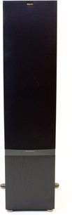 Sloupcový reproduktor Klipsch RF-7 MkII v černé barvě, pohled zepředu, vertikální černý obdélníkový box s černou mřížkou a zlatou základnou