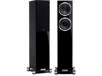 Fyne Audio F501SP gloss black floorstanding speakers, front view, two speakers side by side on metal stands
