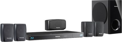 Sort Panasonic SC-BTT270EGK hjemmebiografsystem bestående af en Blu-ray-afspiller, 5 højttalere og en basrefleksboks