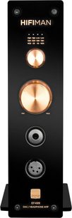 Predzosilňovač slúchadiel vysokej vernosti Hifiman EF499, pohľad spredu, zlaté ovládanie hlasitosti, 2 jack konektory, 1 XLR konektor, 1 logo R2R