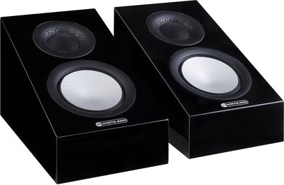 Två Dolby Atmos Monitor Audio Silver AMS 7G högtalare i svart lackerad finish, toppvy i perspektiv, ovansidor