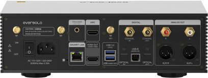 Мережевий аудіоплеєр EverSolo DMP-A6 Master Edition Gen 2 чорного кольору ззаду з роз'ємами HDMI, USB, коаксіальними, оптичними та XLR